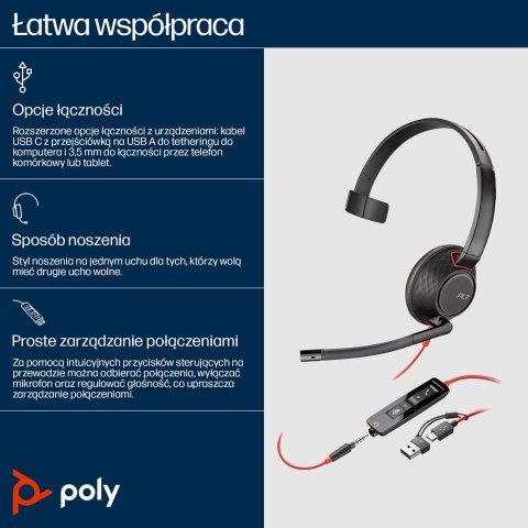 Hewlett-Packard Poly Blackwire 5210 Monaural USB-C Headset +3.5mm Plug +USB-C/A Adapter (Bulk)