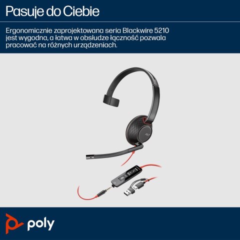 Hewlett-Packard Poly Blackwire 5210 Monaural USB-C Headset +3.5mm Plug +USB-C/A Adapter (Bulk)