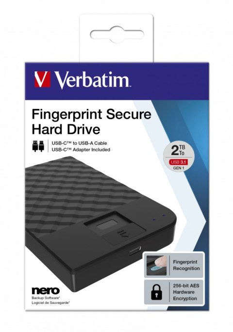Verbatim Verbatim Fingerprint Secure zewnętrzny dysk twarde 2 TB USB Type-C 3.2 Gen 1 (3.1 Gen 1) Czarny