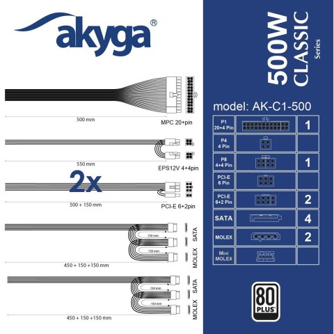Akyga Akyga AK-C1-500 moduł zasilaczy 468 W 24-pin ATX ATX Czarny