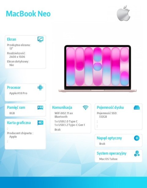 Apple MacBook Neo 13 cali: A18 Pro 6/5, 8GB, 512GB SSD, bez zasilacza, Touch ID - Subtelny róż