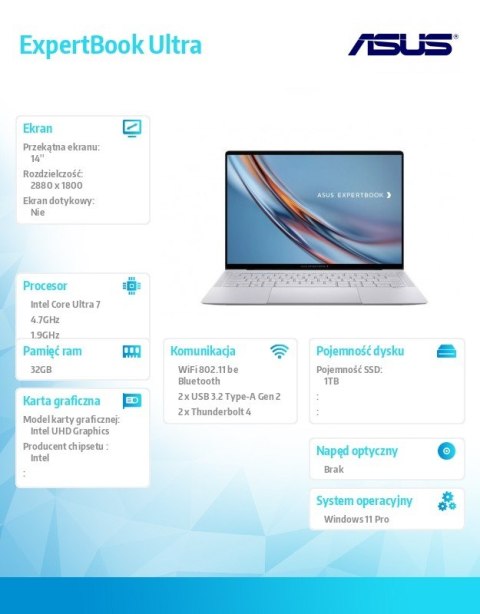 Asus Laptop ExpertBook Ultra B9406CAA-TH0246X - Core ultra 7 356H/32GB/1TB/14" WQXGA+/Tandem OLED/600 nits/Touch screen/Win 11 PRO/3