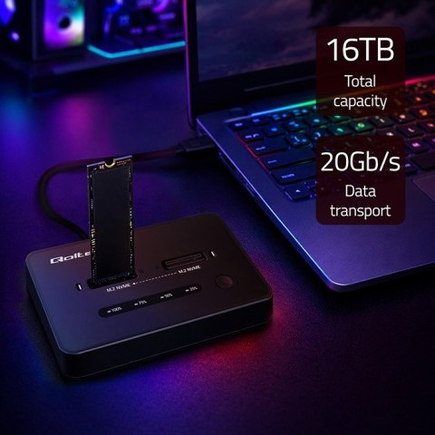 Qoltec QOLTEC STACJA DOKUJĄCA SSD M.2 NVME | PCIE | USB-C | 20GB/S | DUAL 2X8TB | KLONOWANIE OFFLINE