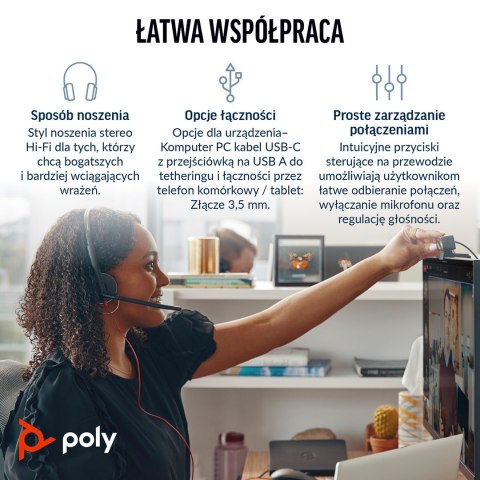 POLY POLY Zestaw słuchawkowy Blackwire 3225 Stereo USB-C + wtyczka 3,5 mm + przejściówka USB-C/A