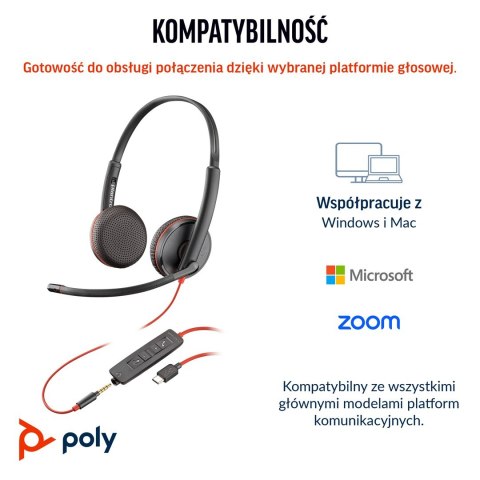 POLY POLY Zestaw słuchawkowy Blackwire 3225 Stereo USB-C + wtyczka 3,5 mm + przejściówka USB-C/A