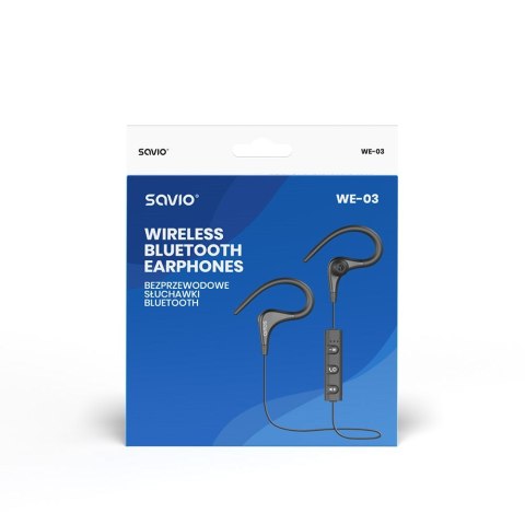 SAVIO Słuchawki bezprzewodowe, z mikrofonem, ze słuchawkami SAVIO WE-03 (dokanałowe, sportowe; bezprzewodowe, Bluetooth; z wbudowanym 