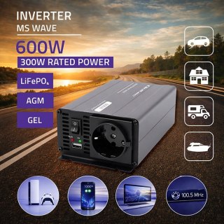 Qoltec Przetwornica napięcia MS Wave | 12V na 230V | 300/600W