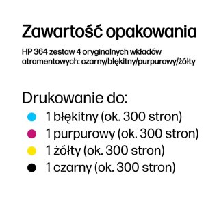 Hewlett-Packard HP 364 zestaw 4 oryginalnych wkładów atramentowych: czarny/błękitny/purpurowy/żółty