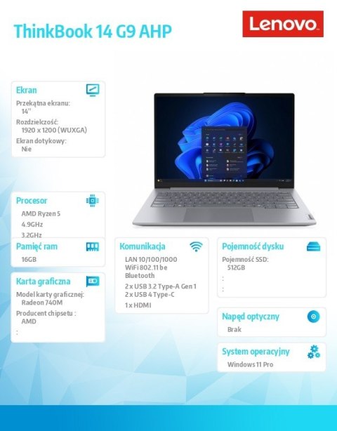 Lenovo Laptop ThinkBook 14 G9 21V0008DPB W11Pro 5 220/16GB/512GB/INT/14.0 WUXGA/Arctic Grey/3YR OS + CO2 Offset