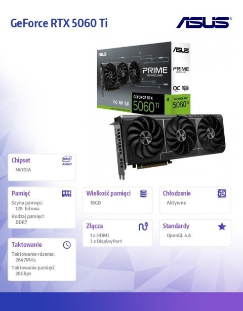 Asus Karta graficzna GeForce RTX 5060 Ti Prime OC 16GB GDDR7 128BIT 3DP/HDMI