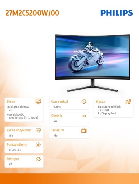 Philips Monitor 27M2C5200W 27 cali Zakrzywiony VA 280Hz HDMIx2 DP HAS