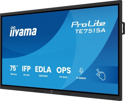 IIYAMA Monitor interaktywny 75 cali TE7515A-B2AG, VA,4K,40pkt,550cd,DeepContrast-IR+, HDMI x2,DP,USB-C, 2 x 20W, OPS Slot x1, 5xUSB,