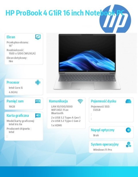HP Inc. Laptop ProBook 4 G1iR i5-1334U 512GB/16GB/W11P/16.0 D0MG6ET