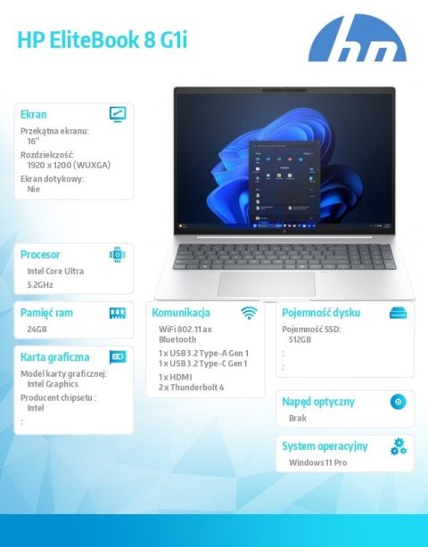 HP Inc. Laptop EliteBook 8 G1i U7-255U 512GB/24GB/W11P/16 cali C51LVET