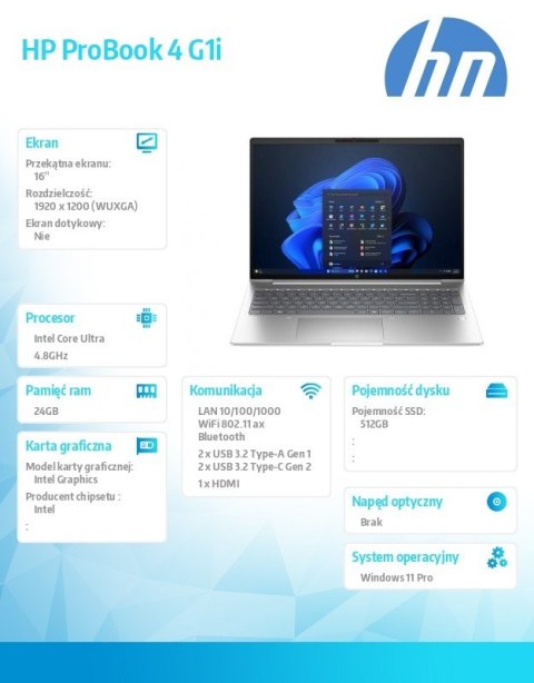 HP Inc. Laptop ProBook 4 G1i U5-225U 512GB/24GB/W11P/16 cali C51M1ET