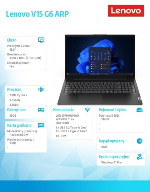Lenovo Laptop V15 G6 83UU002PPB W11Pro 5 150/16GB/512GB/INT/15.6 FHD/Business black/3YR OS