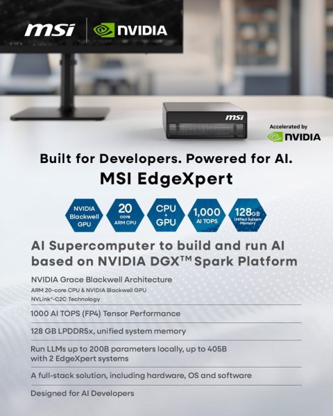 MSI MSI AI EdgeXpert MS-C931 ARM Cortex-X925 10Core + ARM Cortex-A725 10Core 128GB LPDDR5x SSD4TB M.2 NVMe NVIDIA GB10 Grace Blackwe