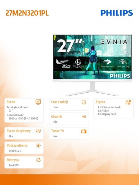 Philips Monitor 27 cali 27M2N3201PL Fast IPS 260Hz HDMI DP