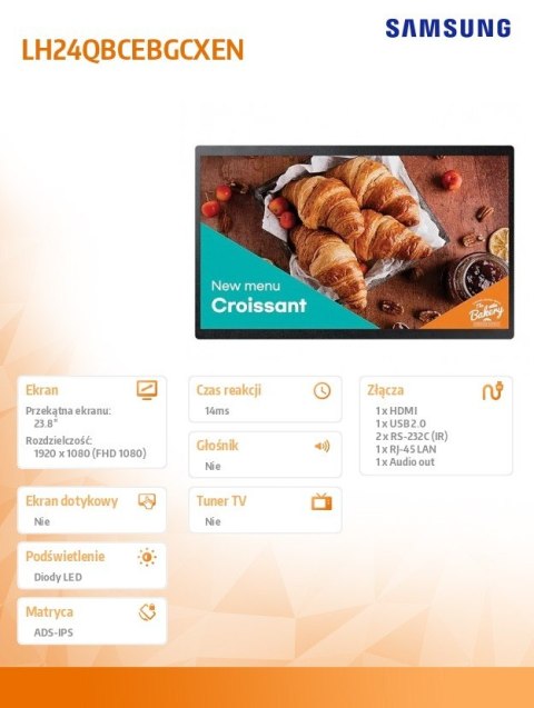 Samsung Monitor profesjonalny QB24C 24 cali Matowy 16h/7 250(cd/m2) 1920x1080(FHD) S10 Player (Tizen 7, VXT Ready) WiFi/BT 3 lata d2d (L