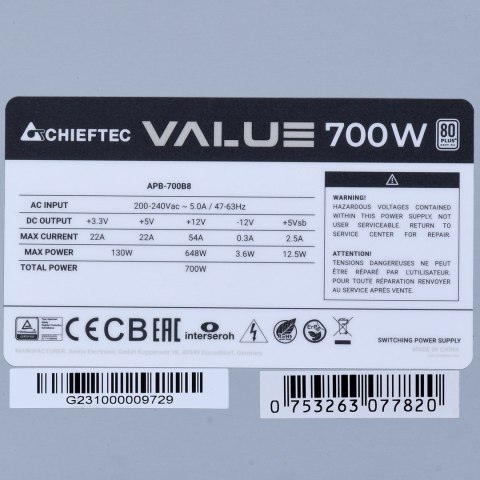 Chieftec ZASILACZ CHIEFTEC SERIA VALUE APB-700B8 700W