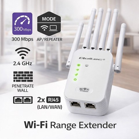 Qoltec Wzmacniacz sygnału WiFi | Repeater | Access Point | 300Mb/s | 6 anten | 2xRJ45
