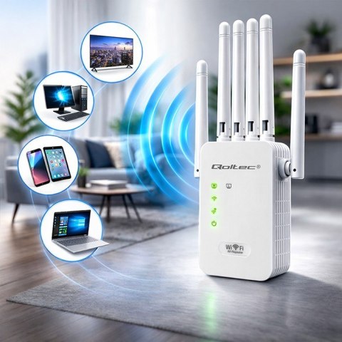 Qoltec Wzmacniacz sygnału WiFi | Repeater | Access Point | 300Mb/s | 6 anten | 2xRJ45