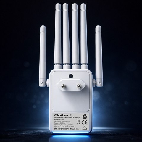Qoltec Wzmacniacz sygnału WiFi | Repeater | Access Point | 300Mb/s | 6 anten | 2xRJ45