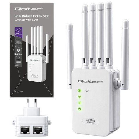 Qoltec Wzmacniacz sygnału WiFi | Repeater | Access Point | 300Mb/s | 6 anten | 2xRJ45