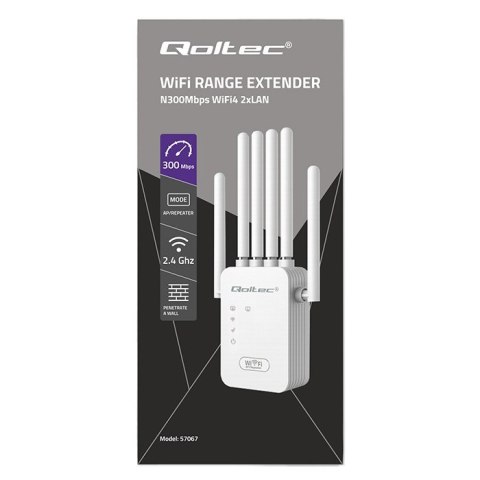 Qoltec Wzmacniacz sygnału WiFi | Repeater | Access Point | 300Mb/s | 6 anten | 2xRJ45