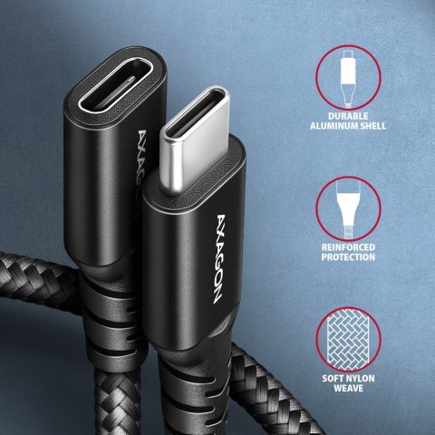AXAGON BUCM32-CF10AB Kabel przedłużacz Gen2 USB-C - USB-C, 1m, 5A, 20Gbps, PD 240W, oplot, czarny