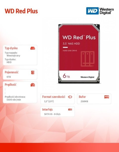 Western Digital Dysk 3,5 cala WD Red Plus 6TB CMR 256MB/5400RPM