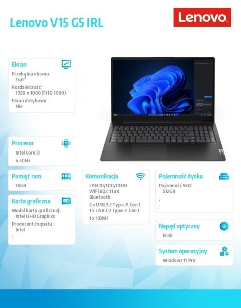 Lenovo Laptop V15 G5 83GW00MGPB W11Pro i3-1315U/16GB/512GB/INT/15.6 FHD/Business Black/3YRS OS