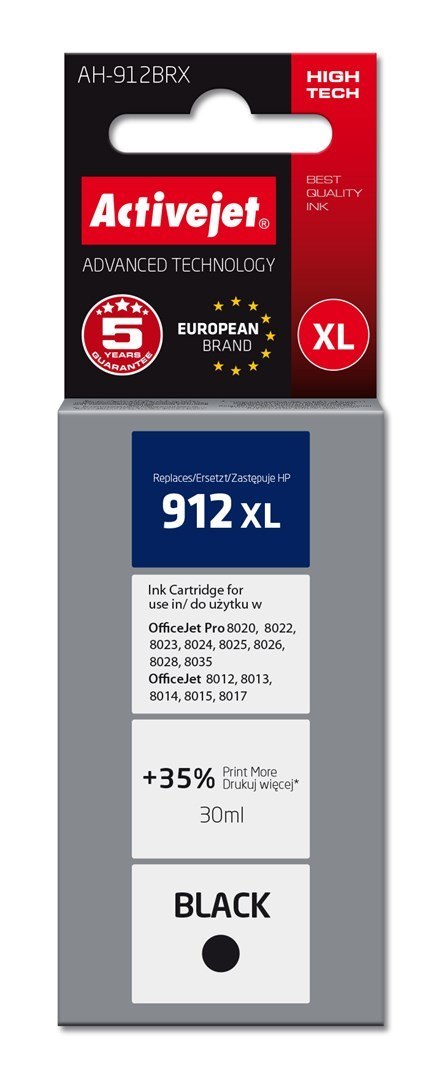 Activejet Activejet AH-912BRX Tusz (zamiennik HP 912XL 3YL84AE; Premium; 1100 stron; 30 ml, czarny)