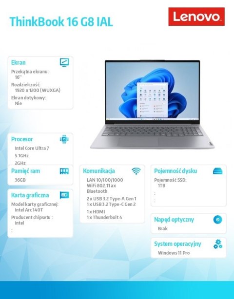 Lenovo Laptop ThinkBook 16 G8 21SK00R0PB W11Pro Ultra 7 255H/2X16GB/1TB/INT/16.0 WUXGA/Arctic grey/3YRS OS + CO2 Offset