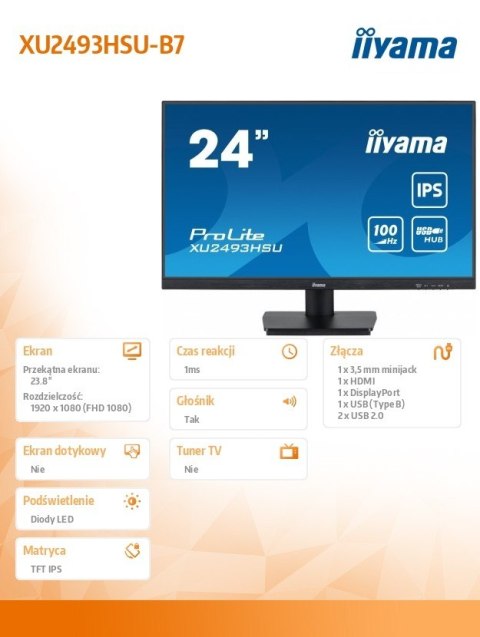 IIYAMA Monitor 24 cale XU2493HSU-B7, IPS, HDMI, DP, 2x2W, USBx2, 300cd