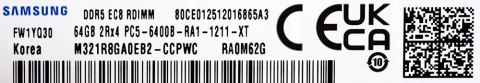 Samsung SemiConductor Samsung RDIMM DDR5 64GB 2Rx4 6400MHz PC5-51200 ECC REGISTERED M321R8GA0EB2-CCP