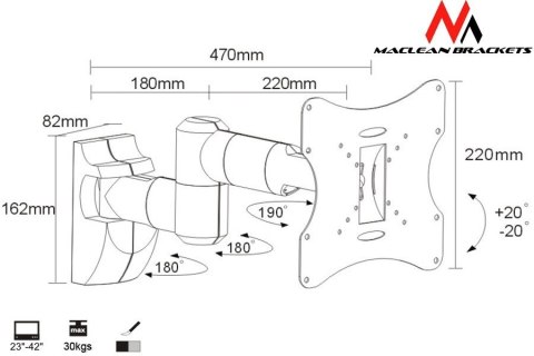 Maclean Uchwyt do monitora 23-42'' 30 kg uniwersalny MC-503A S max vesa 200 srebrny