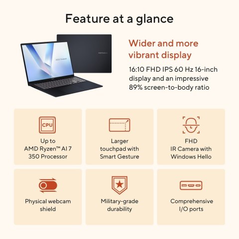ASUS ASUS Vivobook 16 M1607KA-MB164W Ryzen AI 5 330 16.0"WUXGA IPS-level Panel 60Hz 300nits AG 16GB DDR5 SSD512 Radeon Graphics WLAN+