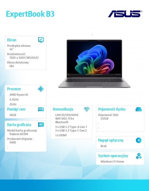 Asus Laptop ExpertBook P3 PM3406CKA-LY0291W Ryzen 5 AI 330/16GB/512GB/14"WUXGA/Win 11 HOME/3YRS
