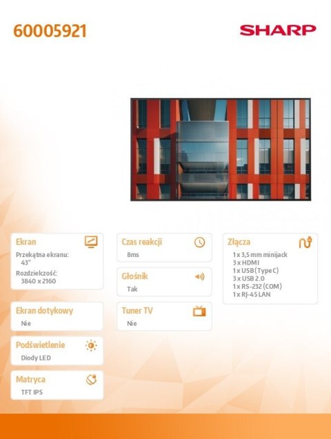 Sharp Monitor wielkoformatowy MultiSync ME432 43 cale 400cd/m2 18/7