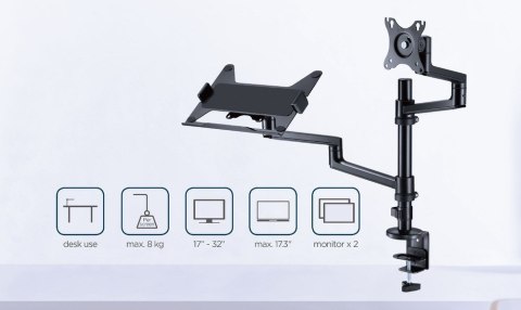 GEMBIRD GEMBIRD BIURKOWE REGULOWANE RAMIĘ/UCHWYT NA MONITOR + PODSTAWKA NA NOTEBOOKA 17-32, VESA 100X100MM, DO 8 KG
