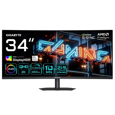 Gigabyte GIGABYTE MO34WQC36 monitor komputerowy 86,4 cm (34") 3440 x 1440 px Wide Quad HD QD-OLED Czarny