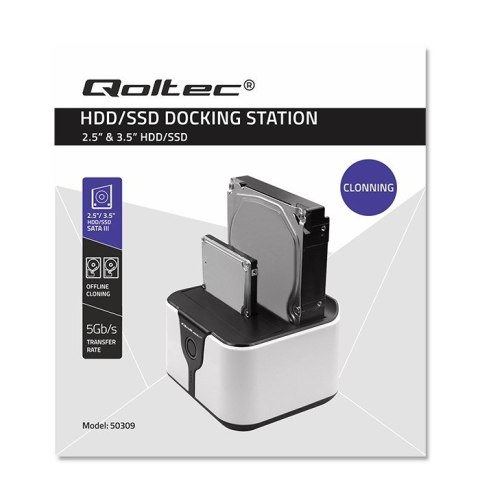 Qoltec QOLTEC STACJA DOKUJĄCA DO DYSKÓW HDD SSD 2.5" 3.5" | SATA III | USB 3.0 | SUPER SPEED 5GB/S | Z FUNKCJĄ KLONOWANIA OFFLINE