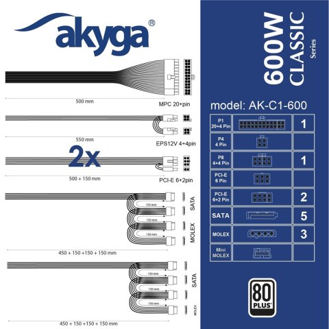 Akyga Akyga AK-C1-600 moduł zasilaczy 600 W 24-pin ATX ATX Czarny