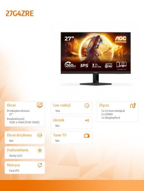 AOC Monitor 27 cali 27G4ZRE Fast IPS 240Hz HDMIx2 DP