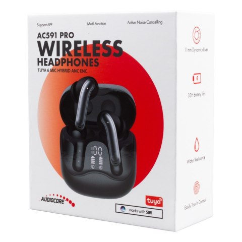 AUDIOCORE Słuchawki bezprzewodowe Audiocore, hybrydowe ANC, ENC, 6 mikrofonów, etui ładujące, Tuya, AC591 PRO