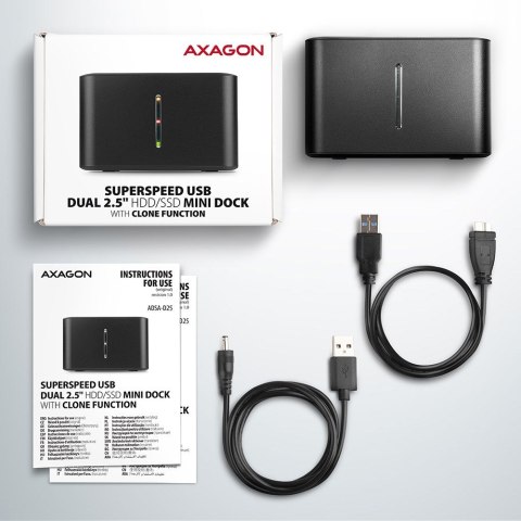 AXAGON Axagon ADSA-D25 stacja dokująca do dysków twardych USB 3.2 Gen 1 (3.1 Gen 1) Type micro-B Czarny