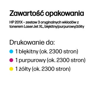 Hewlett-Packard HP 201X - zestaw 3 oryginalnych wkładów z tonerem LaserJet XL, błękitny/purpurowy/żółty
