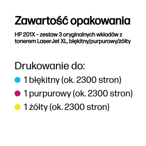 Hewlett-Packard HP 201X - zestaw 3 oryginalnych wkładów z tonerem LaserJet XL, błękitny/purpurowy/żółty