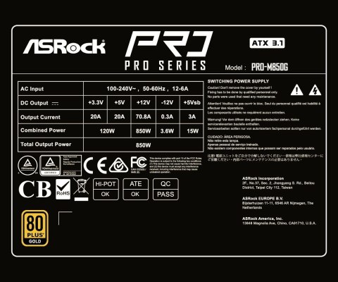 Asrock Zasilacz Asrock PRO-M850G 850W 80 PLUS Gold